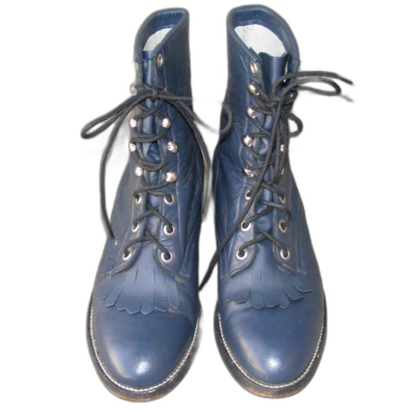 COWTOWN Granny Boots, 6, Dark Blue, Fringe/Kilte, Lace-up, Vintage, Navy - Picture 2 of 12